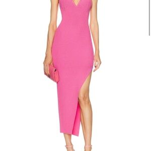 Fitted Hot Pink Asymmetric Midi Dress - Women